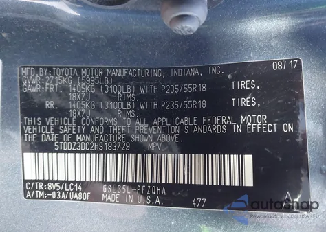 2017 Toyota Sienna Xle 7 Passenger z USA, uszkodzony, nr VIN 5TDDZ3DC2HS183729